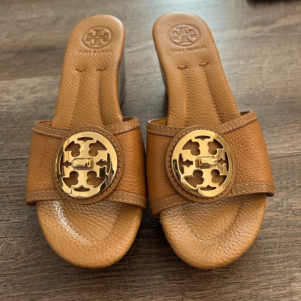 Tory Burch Light Brown Leather Platform Wedge Sandals